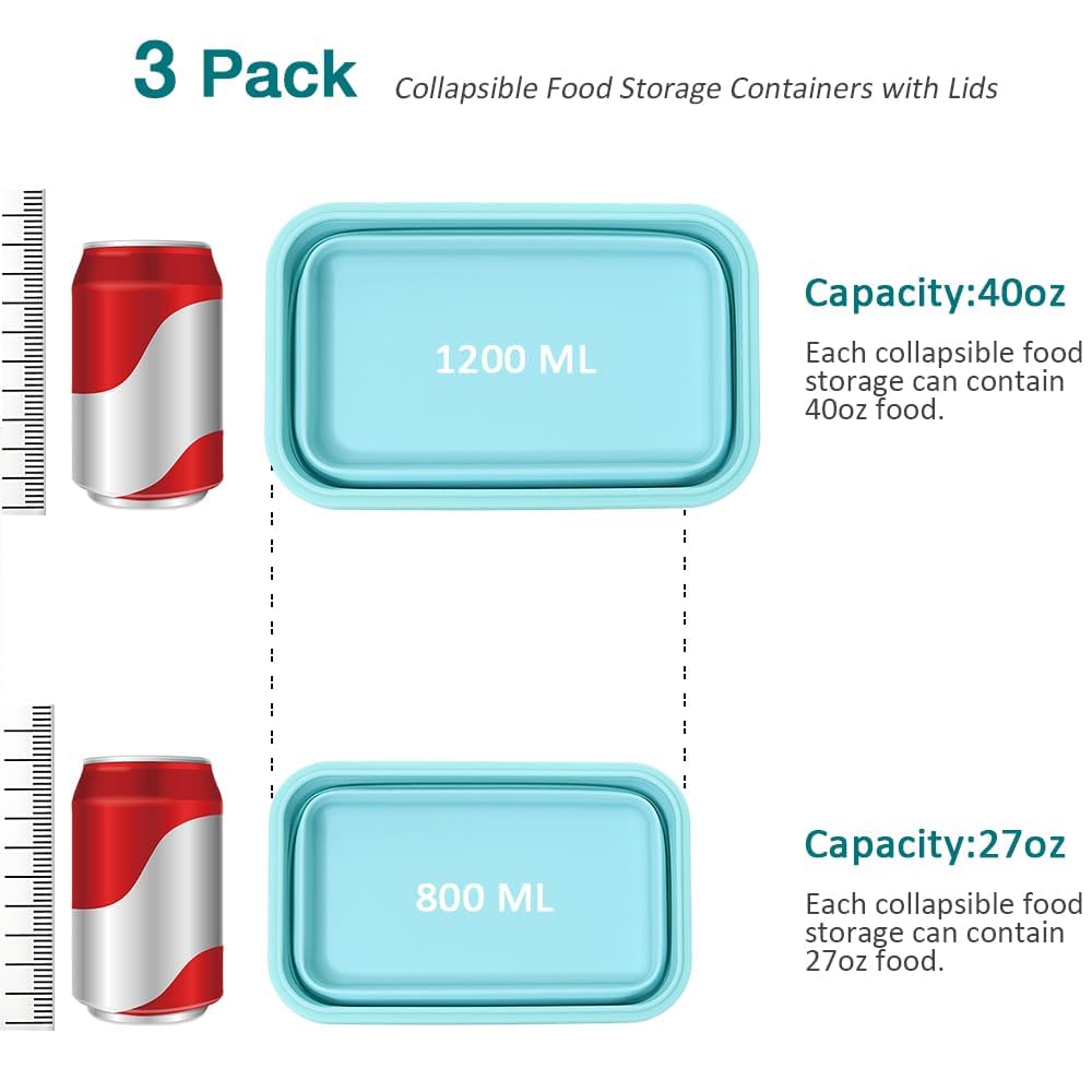 Alimat PluS Silicone Food Storage Containers with Lids, 3 Pack Set 40.5oz(1200ml) Collapsible Meal Prep Lunch Containers, Microwave, Freezer and Dishwasher Safe