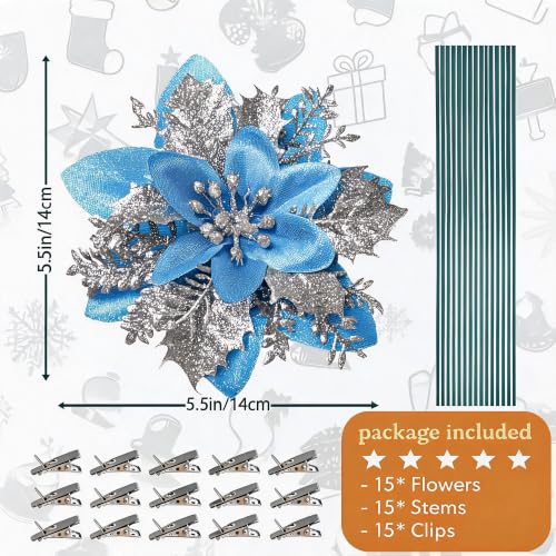 Blue Glitter Poinsettia Flowers 5.5in - 15 Pack with Clips for Christmas Tree, Wreaths & Garlands (Variation: Blue)