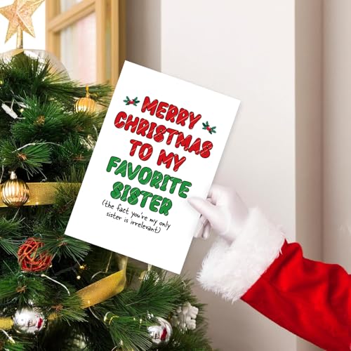 RPJIEKINXU Funny Christmas Card for Sister - Variant #2 with Golden Envelope, Humorous Holiday Greeting, 8x5.3in