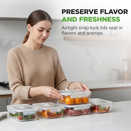NutriChef 10-Piece Superior Glass Food Storage Containers Set (5 Containers + 5 Locking Lids),Stackable Meal-prep Design, BPA-free Airtight Clear Locking lids with Vent Lids & Air Hole, NCCLX5
