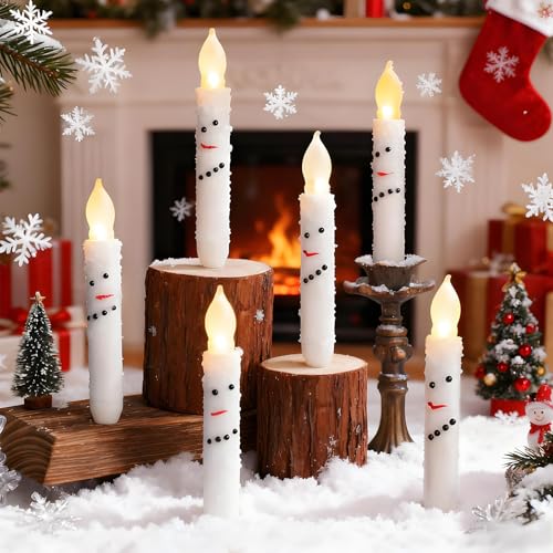 Christmas Snowman Flameless Taper Candles Set - Battery Operated Holiday Decor