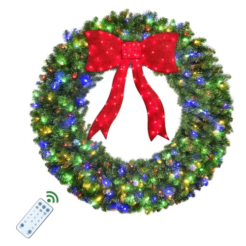 48in Pre-Lit Christmas Wreath with Bow, 270 LED Lights, Timer, Remote, Outdoor Decor