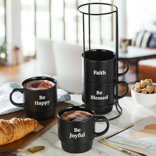 Be Happy Matte Black Stackable Coffee Mug Set with Metal Rack - 15oz, Large, Inspirational Messages