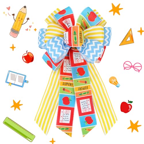 Back to School Wreath Bow - Yellow Blue Striped Burlap Ribbon Bow