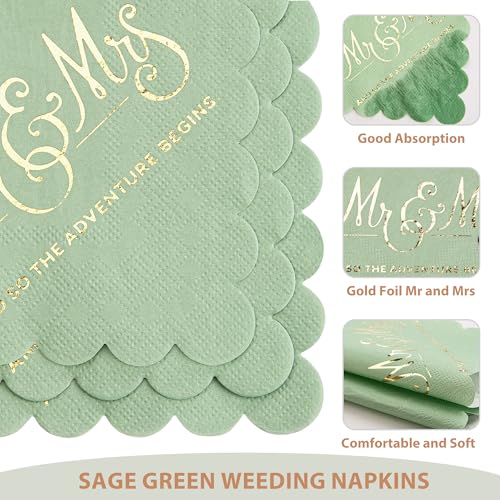 REFARICO Adventure-Green Scalloped Wedding Napkins 100 Pcs Gold Foil Mr and Mrs