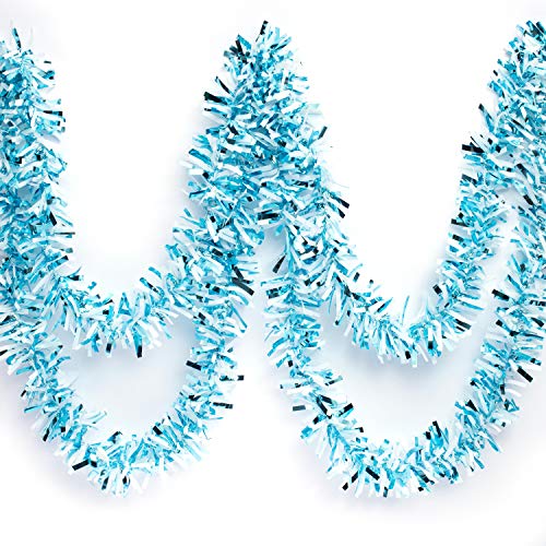 Light Blue & White Metallic Tinsel Twist Garland - 25ft Holiday Decor