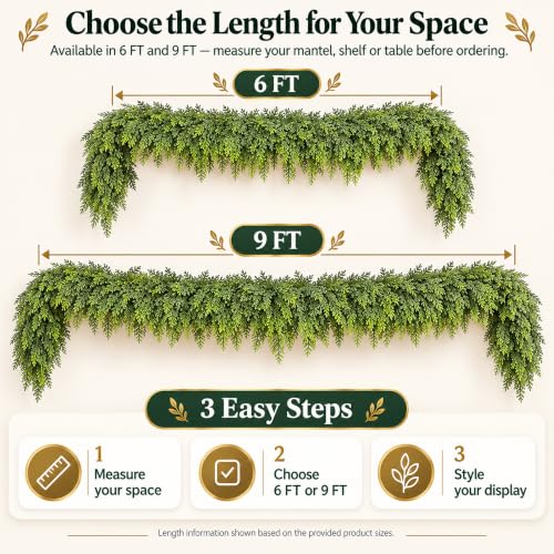 EMPJJLZ 9FT Artificial Cedar Garland Green Faux Holiday Decor for Indoor Outdoor Fireplace Mantel