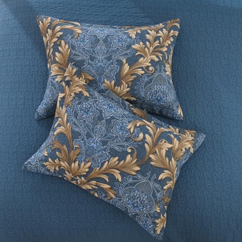 100% Cotton King Quilt Set - Reversible Blue Damask 3-Piece Bedspread