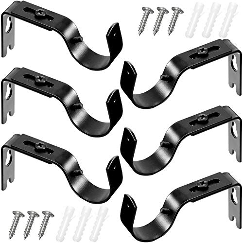 Adjustable Curtain Rod Brackets - 6 Pack Black Metal Wall Mount Holders