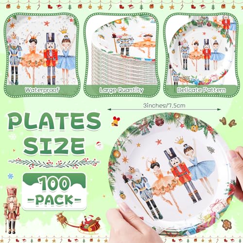 Shellwei 100 Pcs 7 Inch Christmas Plates Green White Nutcracker Set for Holiday Party