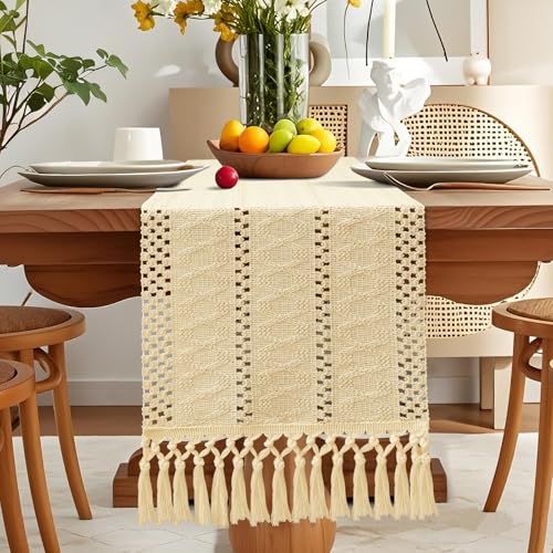 OTOSTAR Beige Macrame Table Runner 48 Inch Rustic Farmhouse Decor Tassels