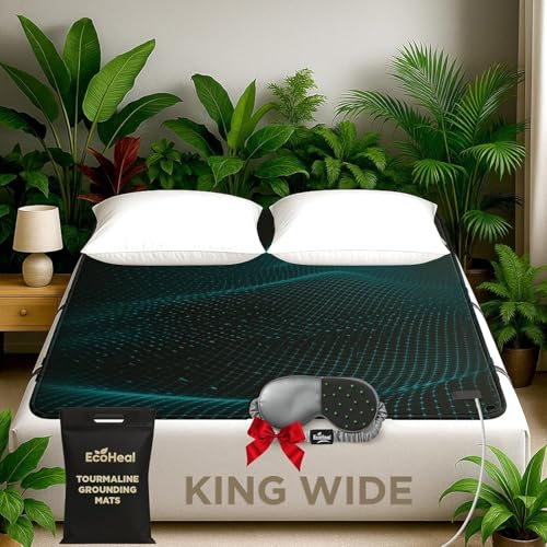 King Wide Grounding Mat with Tourmaline - Conductive PU Leather, Includes Silver Sleep Mask & 15ft Cord