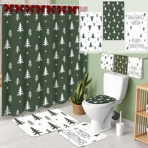 Vesici Xmas Tree Shower Curtain Set - 7 Pcs Waterproof Bath Ensemble with 12 Velvet Bows