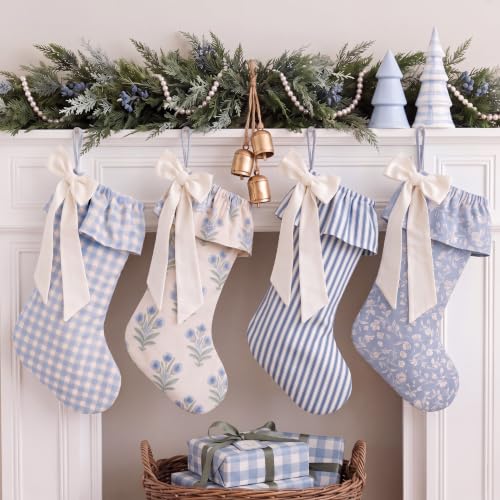 Twistover 4 Pack Blue Gingham Floral Christmas Stockings with Ruffled Cuffs & Bows
