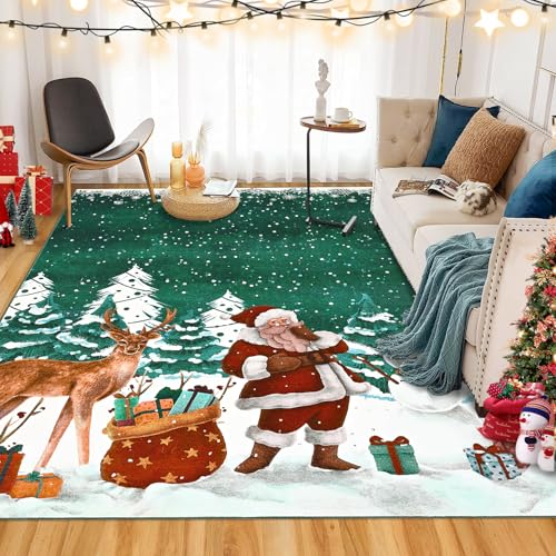 GarveeHome 4' x 6' Christmas Area Rug - Green, Santa Claus, Non-Slip Backing