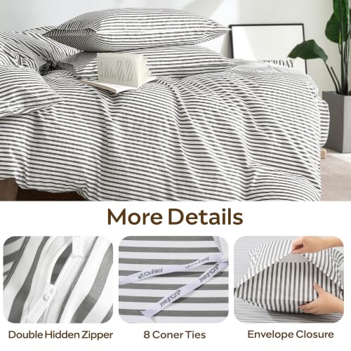 100% Cotton Queen Duvet Cover Set - Soft Grey Striped 3-Piece Bedding