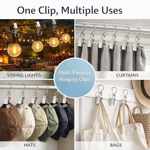 Stainless Steel String Light Clips with Hooks - 30 Pack