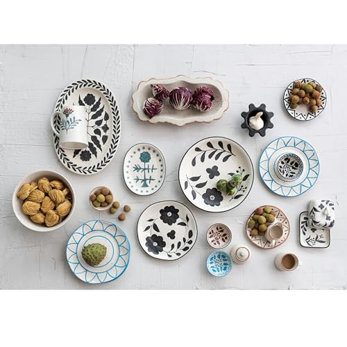 Hand Painted Stoneware Platter with Floral Design, Black and White