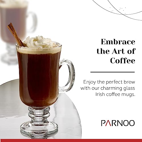 PARNOO Irish Coffee Mugs Set of 4 - 8 oz Clear Glass Hot Beverage Cups with Handle & Footed Stem Base