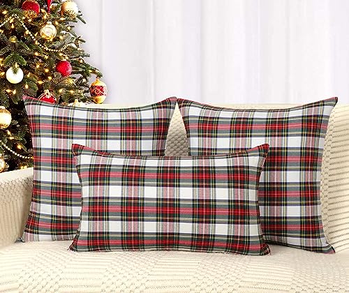 4TH Emotion Set of 2 Christmas Scottish Tartan Plaid Throw Pillow Covers 20x20 Red White