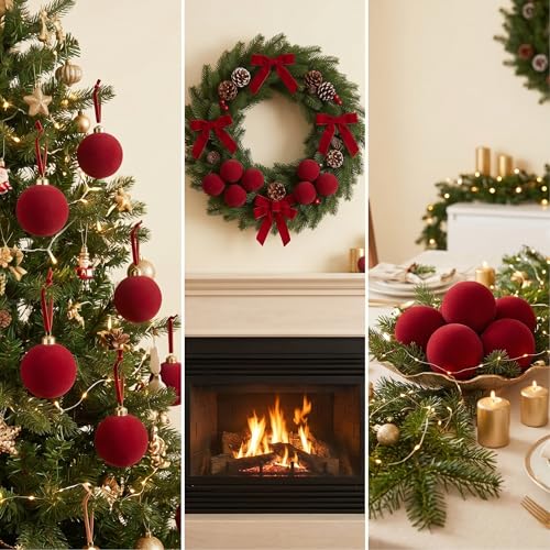 Nhohobiy 15Pcs Burgundy Red Velvet Christmas Tree Ball Ornaments, 2.65in Flocked Xmas Balls - Red / 15Pcs