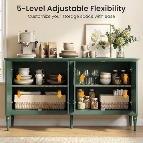 59-Inch Mid-Century Modern Buffet Cabinet with Adjustable Shelves - Forest Green