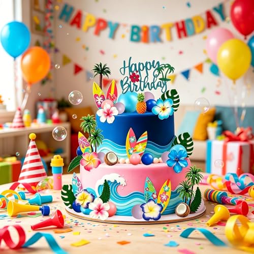 49-Piece Hawaiian Cake Topper Set, Summer Beach Party Cake Decorations