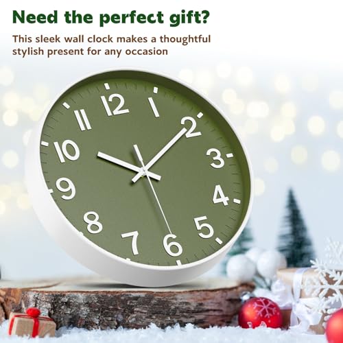 8-Inch Silent Non-Ticking Wall Clock, Modern Olive Green Analog Clock