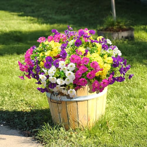 12 Bundles Artificial Morning Glory Flowers with Eucalyptus - UV Resistant Faux Plants for Outdoor Decor