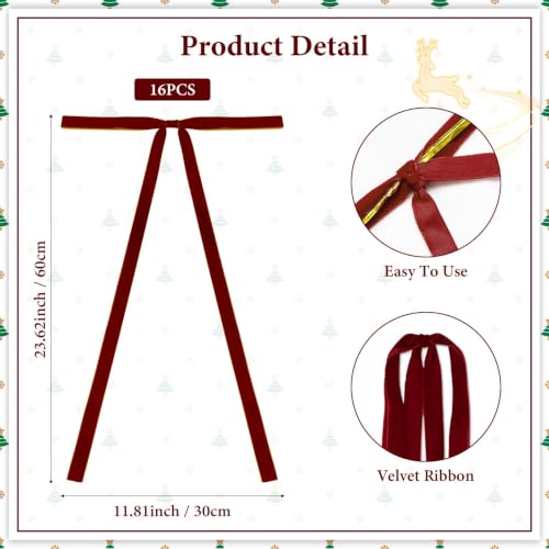 16 Pcs Burgundy Velvet Christmas Bow Decorations Large Rustic Holiday Ornaments