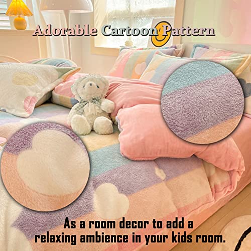 Pink Rainbow Twin Duvet Cover Set, Fluffy Shaggy Bedding for Kids Girls