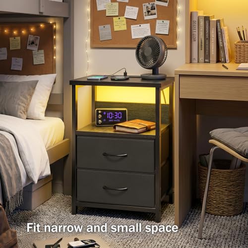 Black LED Nightstand with Charging Station, 2 Fabric Drawers & USB Ports
