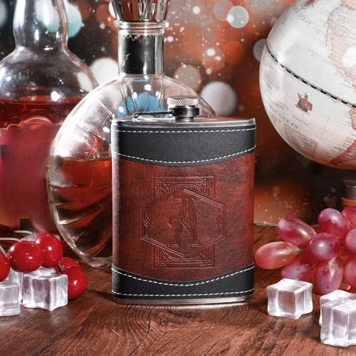 Baderke Leather 8 oz Flask for Men - Personalized Monogram with Letter J, Black or Brown, Groomsmen Gift