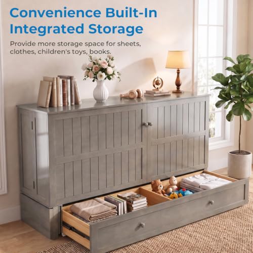Queen Murphy Bed Cabinet with Tri-Fold Mattress, Drawers & Charging Station