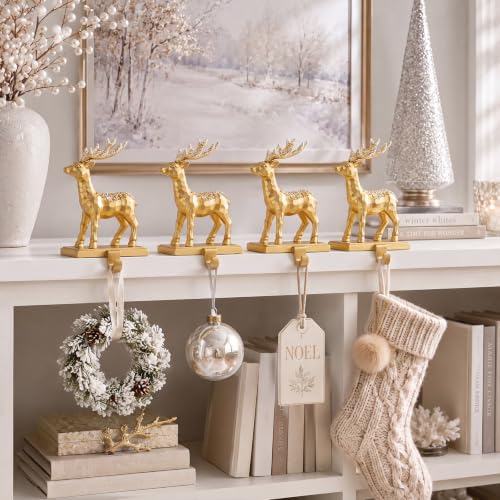 Christmas Reindeer Stocking Holders Set - Gold Deer Mantel Hangers, 4 Pack