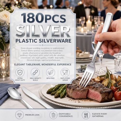 WDF 180PCS Silver Plastic Cutlery Set - Heavy Duty Disposable Utensils for Weddings & Holidays