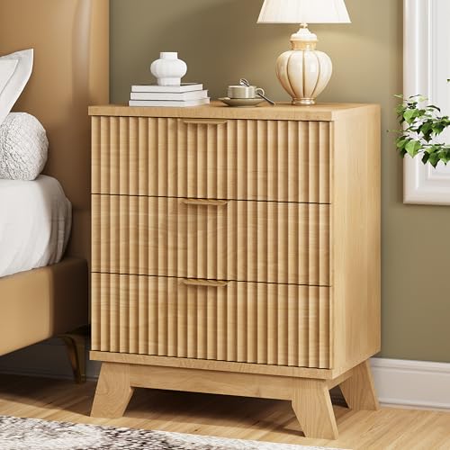 24-Inch Fluted Nightstand with 3 Drawers, Mid-Century Modern Wood End Table