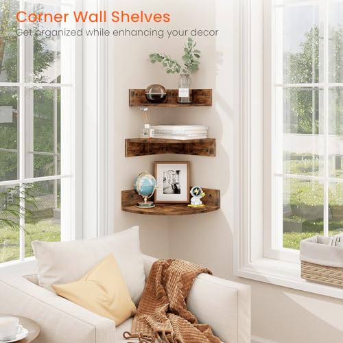 3-Tier Floating Corner Shelves with Cord Management, Rustic Wood Wall Mount