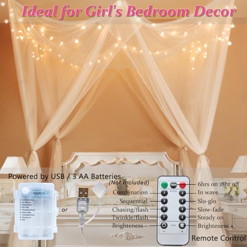 White Princess Bed Canopy with Warm White LED Star Lights & Remote