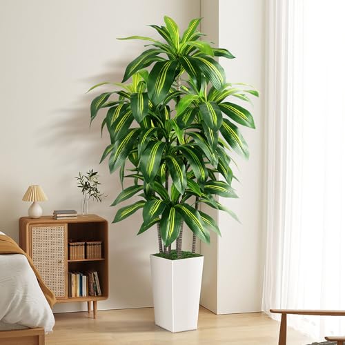 5FT Artificial Dracaena Tree with White Planter - Indoor Fake Plant