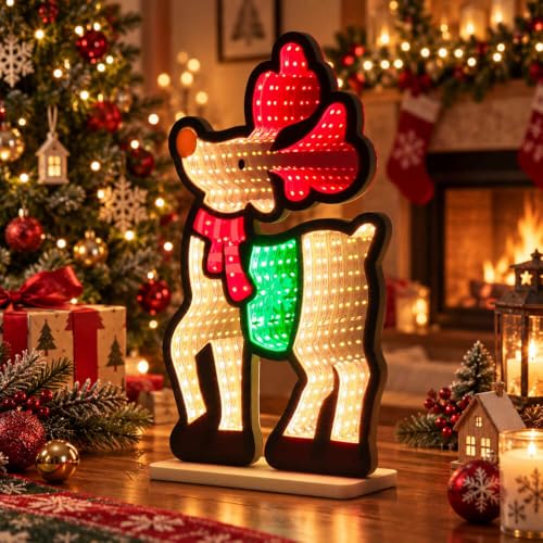 MEETYAMOR Reindeer Christmas Infinity Mirror Light - 3D LED Night Lamp, USB Powered Indoor Decor