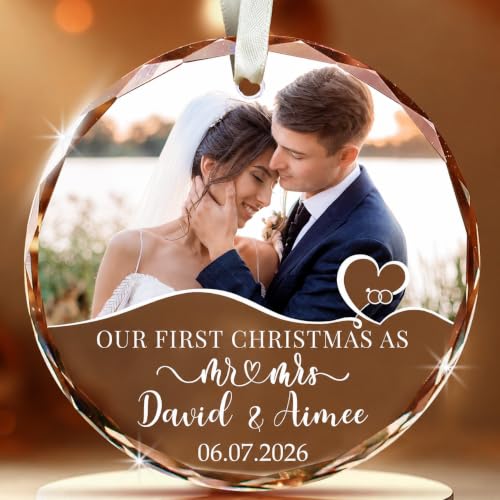 Personalized First Christmas Married Glass Photo Ornament 2026