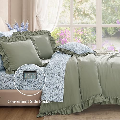 Sage Green Ruffle Queen Comforter Set - 7-Piece Floral Bed in a Bag