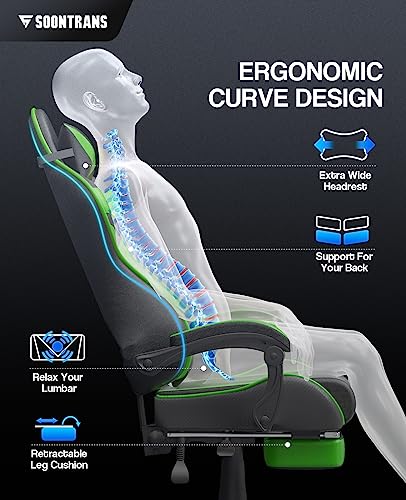 Ergonomic Gaming Chair with Footrest and Lumbar Support - Jungle Green