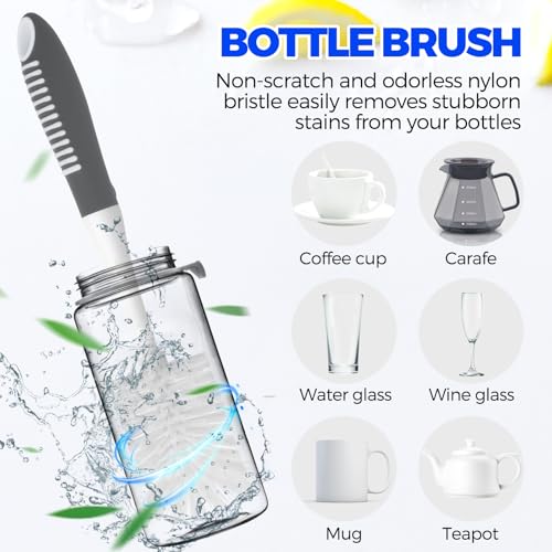 6-Piece Kitchen Dish Brush Set with Bottle, Pan & Straw Brushes (Gray)