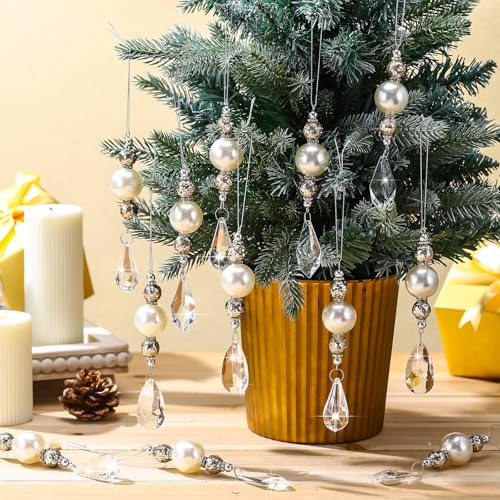 Champagne Gold Pearl & Crystal Drop Ornaments - 12 Pcs Christmas Tree Decorations