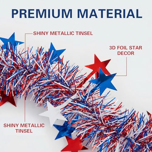 50ft Patriotic Tinsel Garland - Red White & Blue Metallic Star Decor