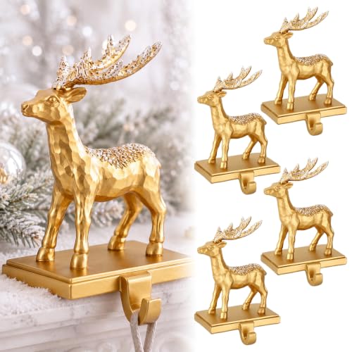 Christmas Reindeer Stocking Holders Set - Gold Deer Mantel Hangers, 4 Pack