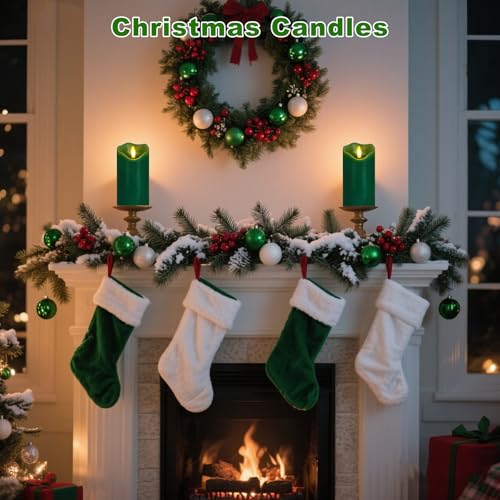Green Flameless Candles Set of 2 with Remote & Timer - Real Wax, 6x3 inches