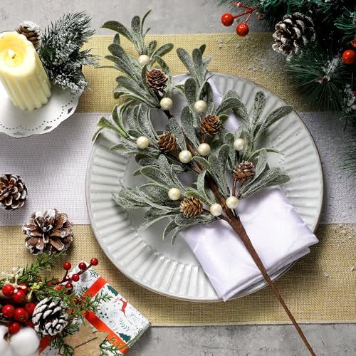 Solsew 6 Pcs Christmas Artificial Mistletoe Picks with White Berries, 17.3 Inches